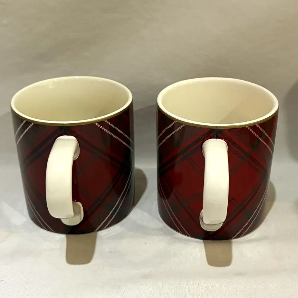 Pair of Willaim Sonoma Scottish Tartan Red Plaid Holiday Coffee Mugs